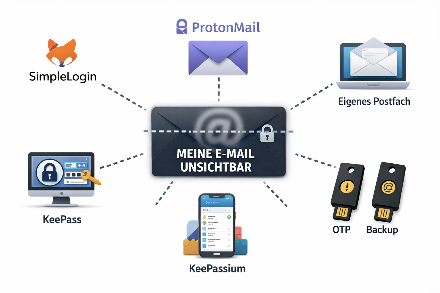 E-Mail-Privatsphäre-Setup mit SimpleLogin, ProtonMail, KeePass, KeePassium und YubiKey – echte E-Mail-Adresse bleibt unsichtbar