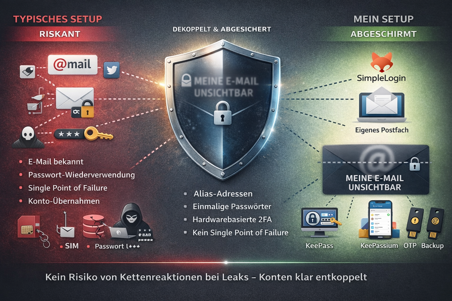 E-Mail-Privatsphäre-Setup mit SimpleLogin, ProtonMail, KeePass, KeePassium und YubiKey – echte E-Mail-Adresse bleibt unsichtbar